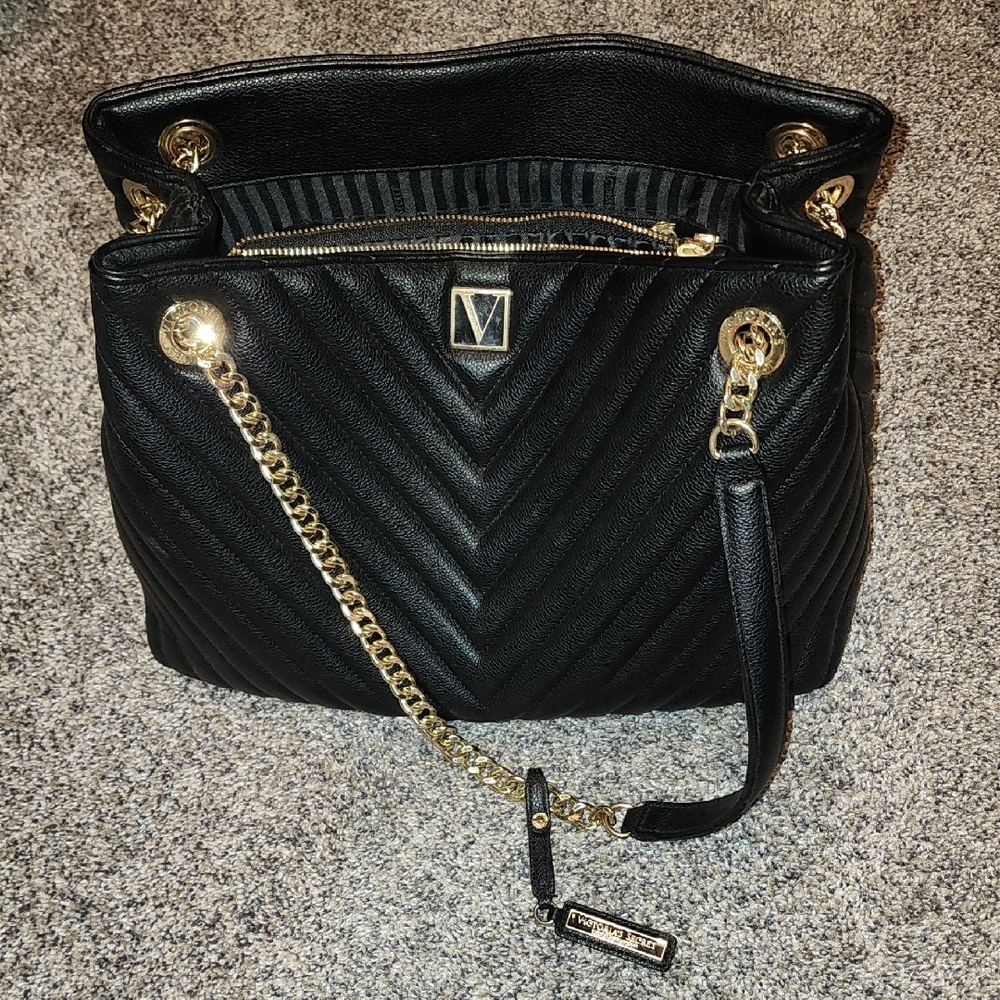 Victoria Secret Elegant Black Quilted Handbag with Gold Accents